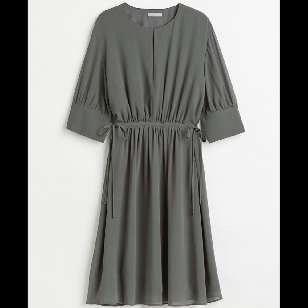 H&M Chiffon Drawstring Waist Dress Olive Green L